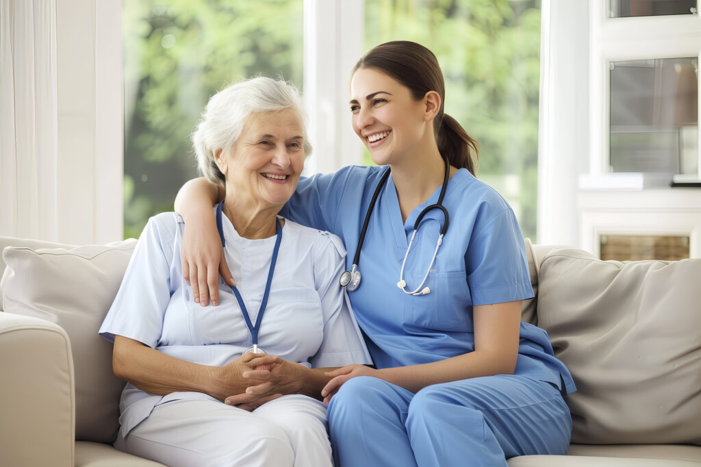 Nurse caring for elderly woman with warmth and compassion in a cozy home setting.