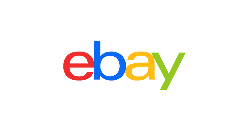 eBay logo with colorful, playful lowercase letters and dynamic, tilted design on a plain background.