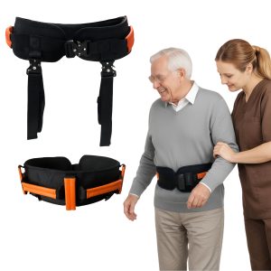 Support belt for elderly mobility aid with adjustable straps and caregiver assistance.