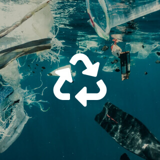 Underwater plastic pollution with marine life and a recycling symbol promoting ocean conservation.
