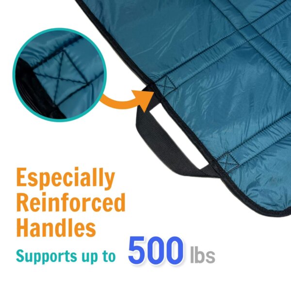 Quilted fabric with strong handle, supports up to 500 lbs.